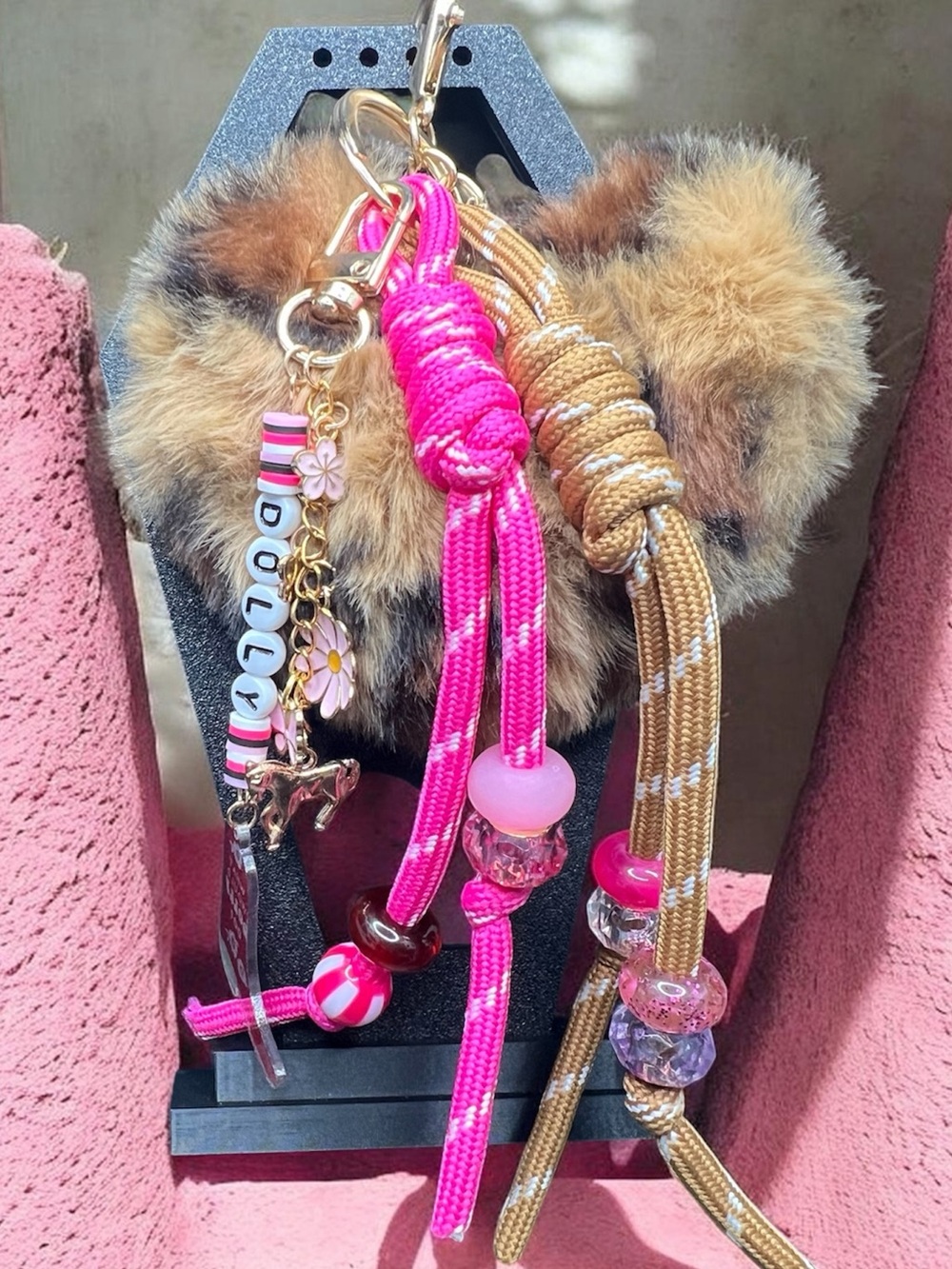 Dolly Inspired Gold Cheetah Heart Fur Pom Bag Charm Keychain 🐎💗
